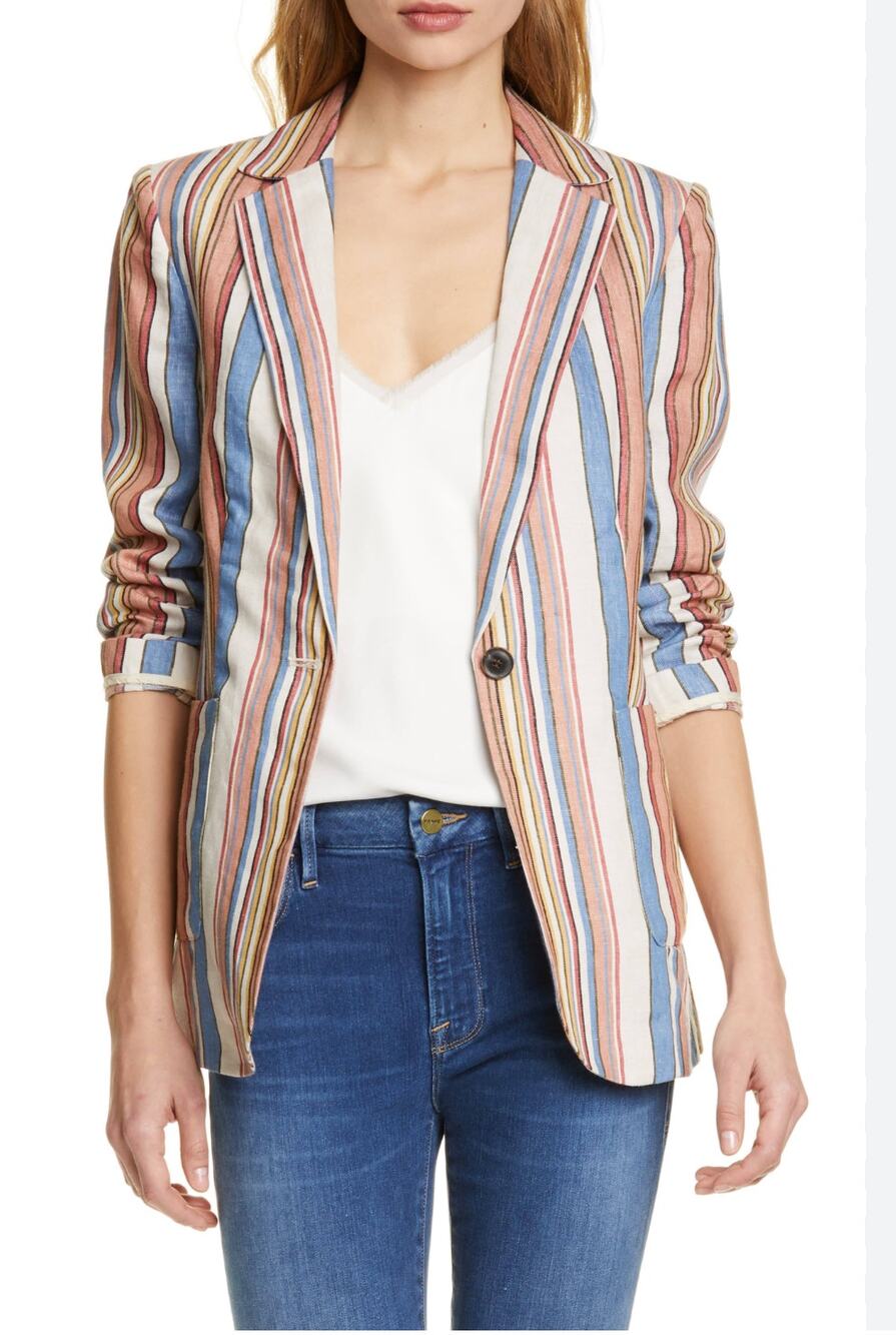 FRAME Birkin Linen Single Button Blazer Multi Stripe 10